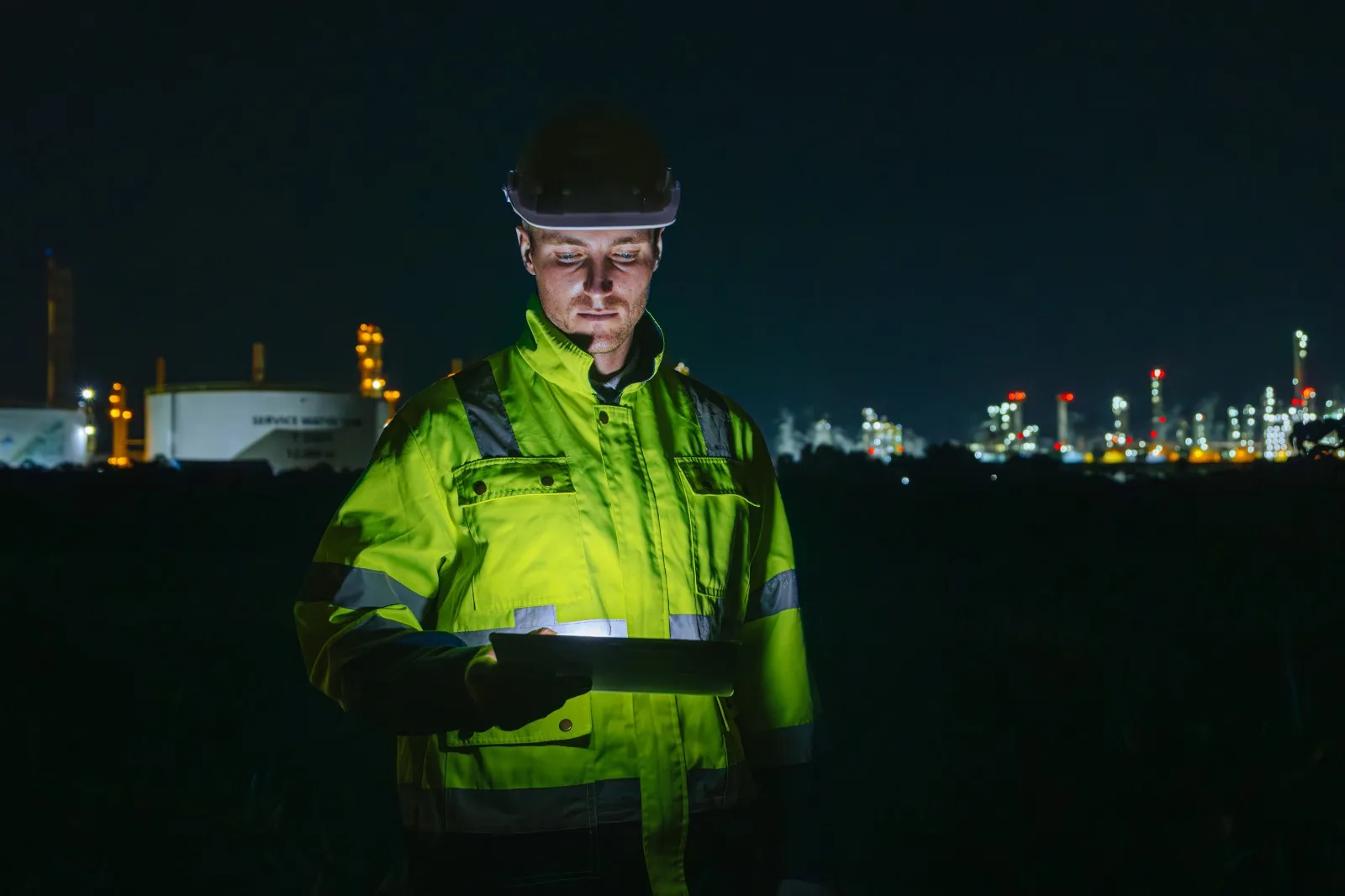 Engineer reviewing information on site during a night shift