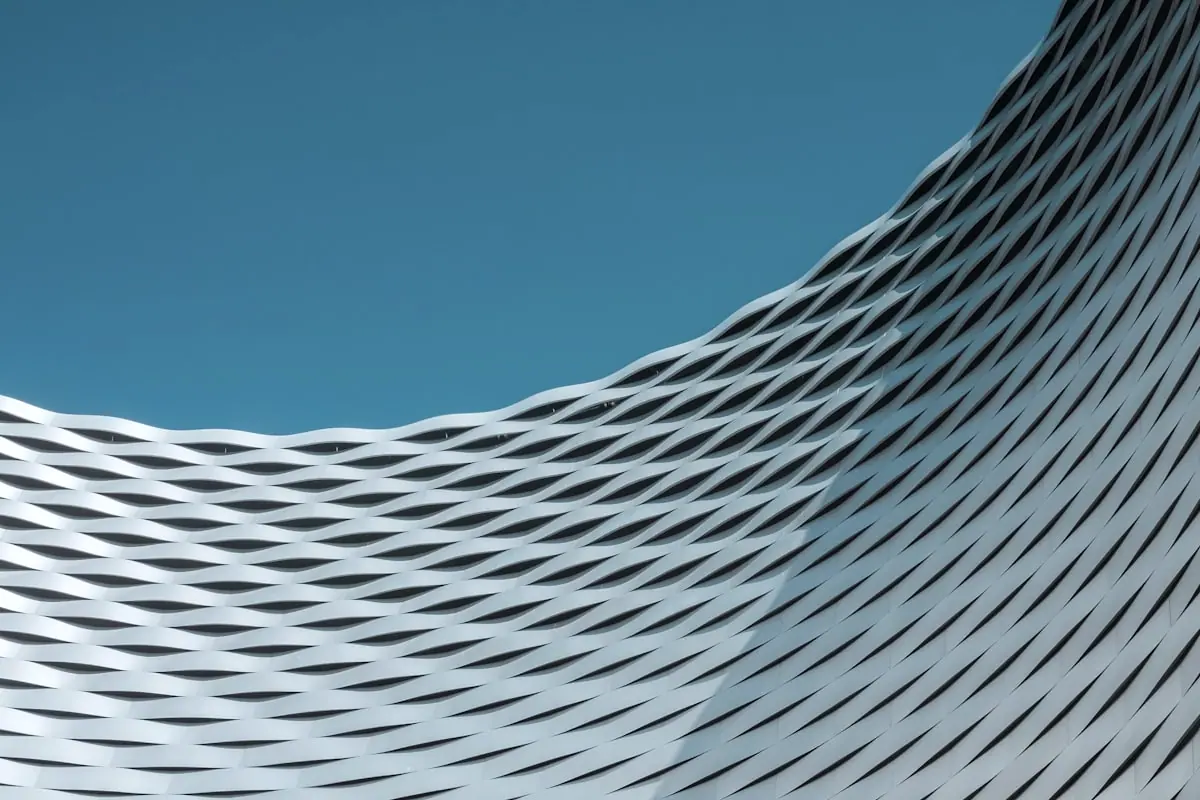 Architectural facade of a public building with repeating structural geometry