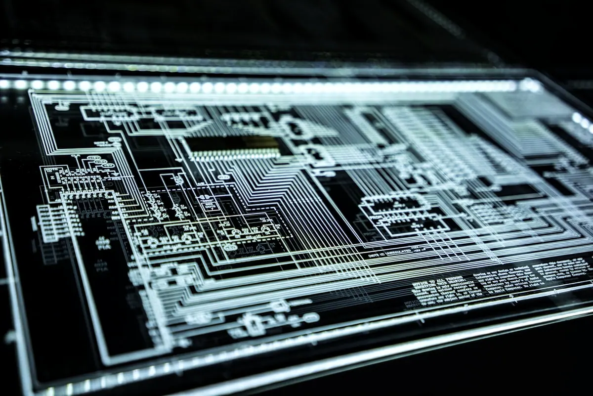 Illuminated circuit board detail representing low-current and control systems