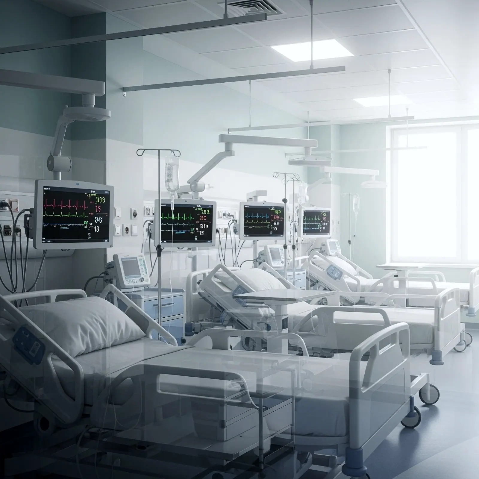Hospital ward with patient beds, monitors and ceiling-mounted medical services